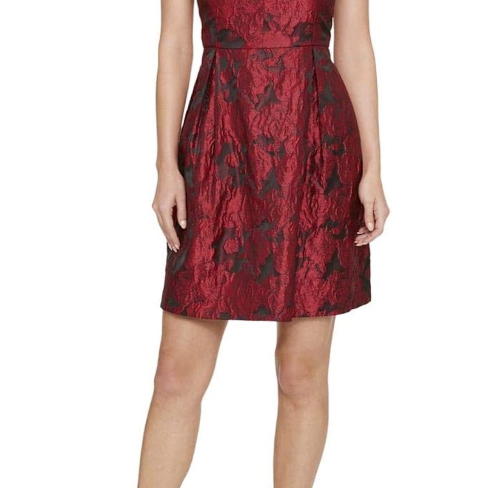 Tommy Hilfiger Women's Red Metallic Jacquard Mini Dress with Knot Neck